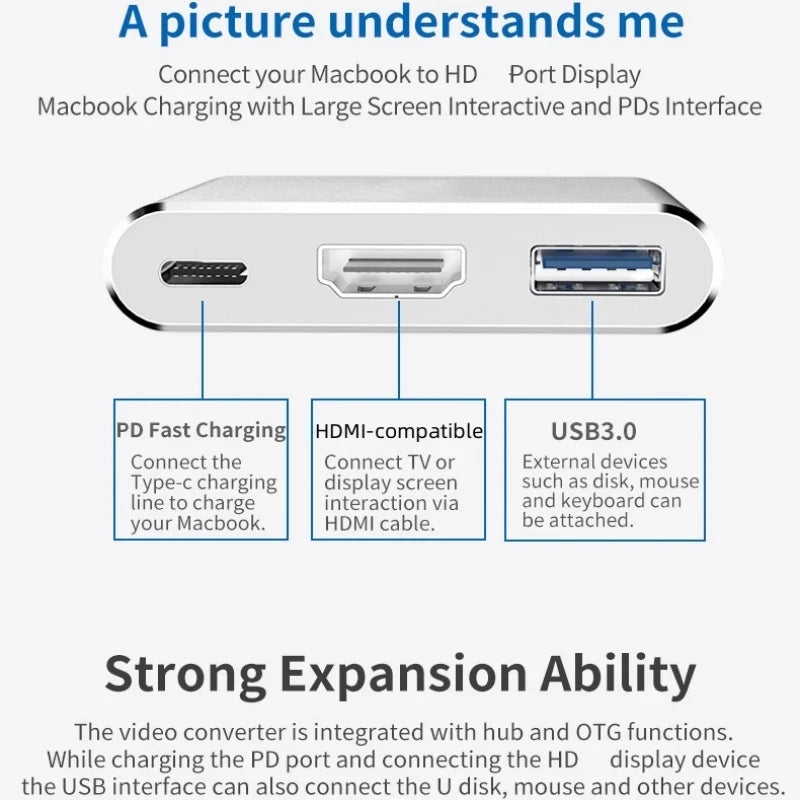 3-in-1 USB-C Hub Adapter – 4K HDMI, USB 3.0