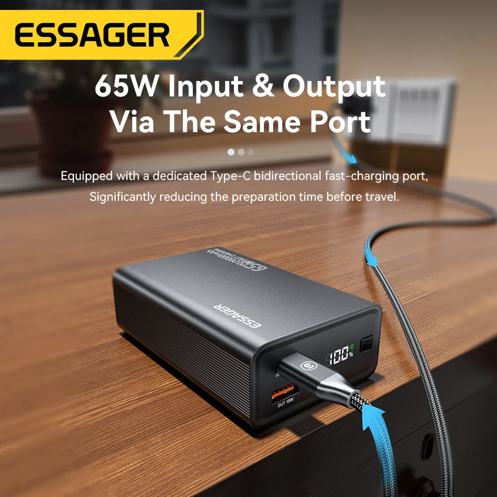 ESSAGER 20000mAh Power Bank – 65W PD Fast Charging, Built-In Cable