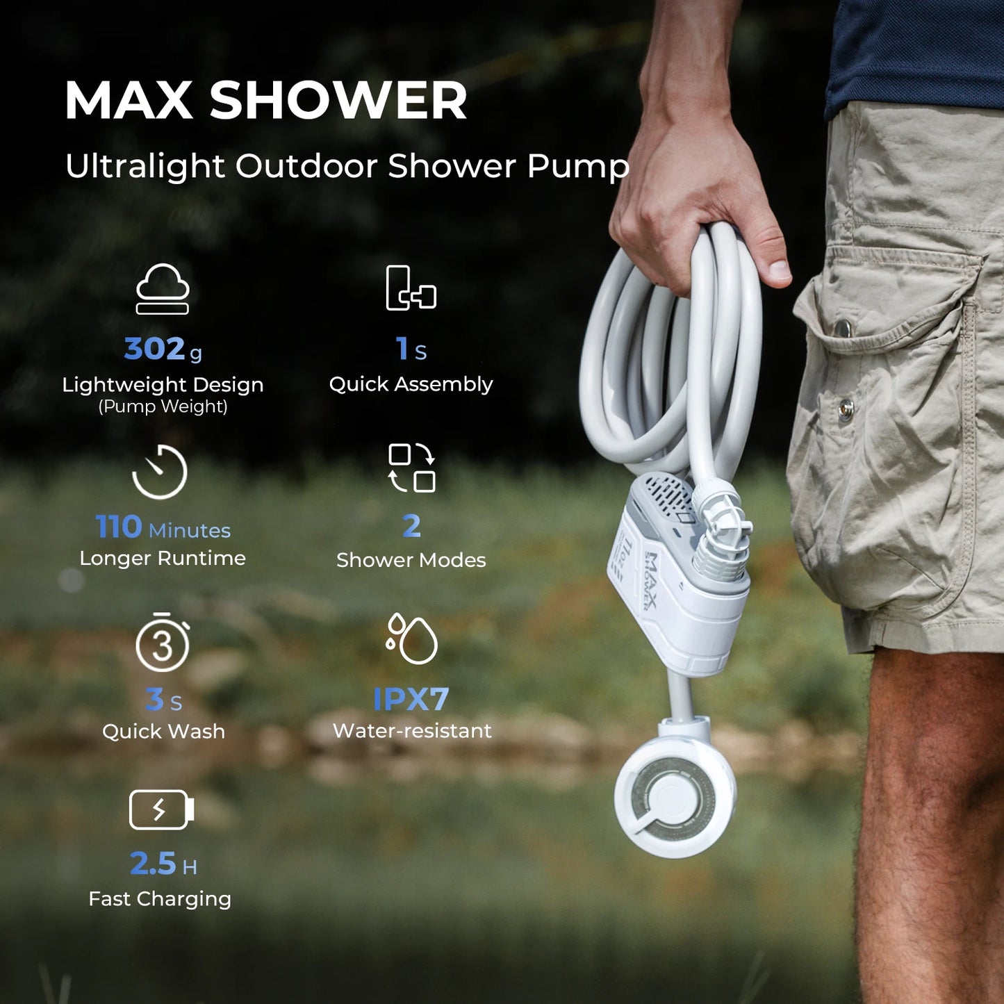 FLEXTAIL Portable Camping Shower – Rechargeable IPX7 Waterproof Outdoor Shower Pump