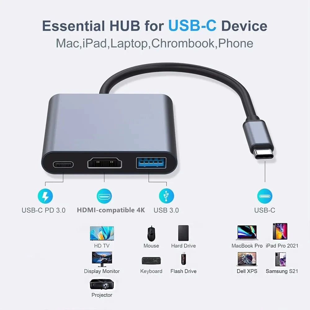 3-in-1 USB-C Hub Adapter – 4K HDMI, USB 3.0
