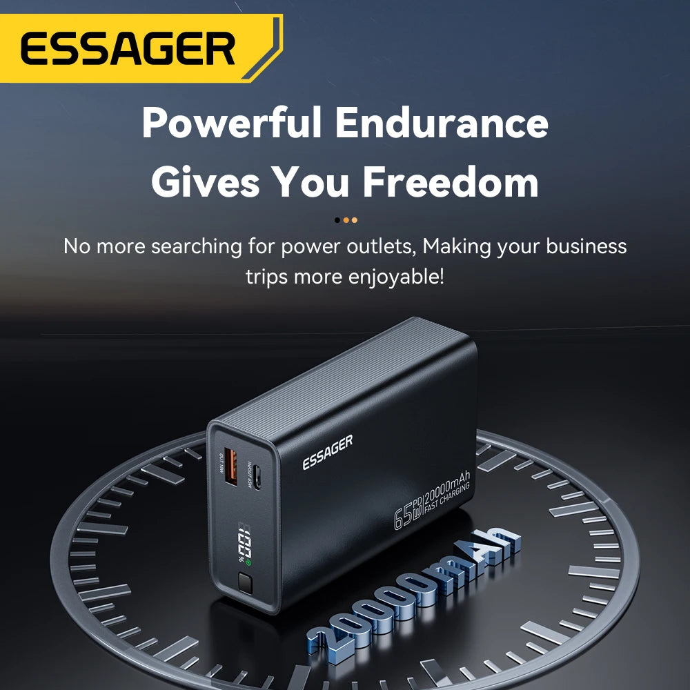 ESSAGER 20000mAh Power Bank – 65W PD Fast Charging, Built-In Cable