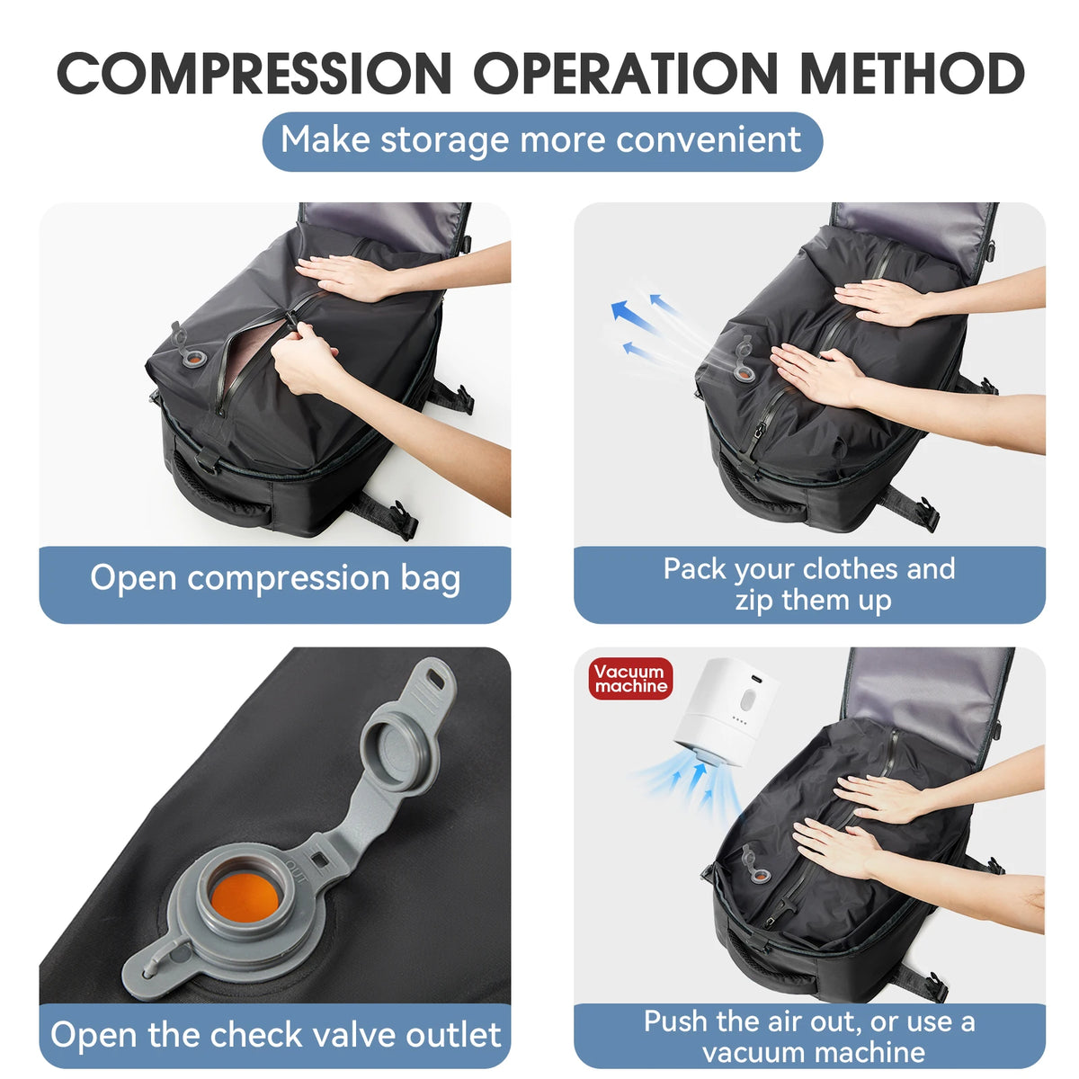 Vacuum Compression Travel Backpack – Expandable Laptop Bag with Space-Saving Design