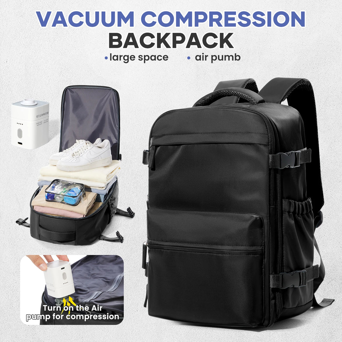 Vacuum Compression Travel Backpack – Expandable Laptop Bag with Space-Saving Design
