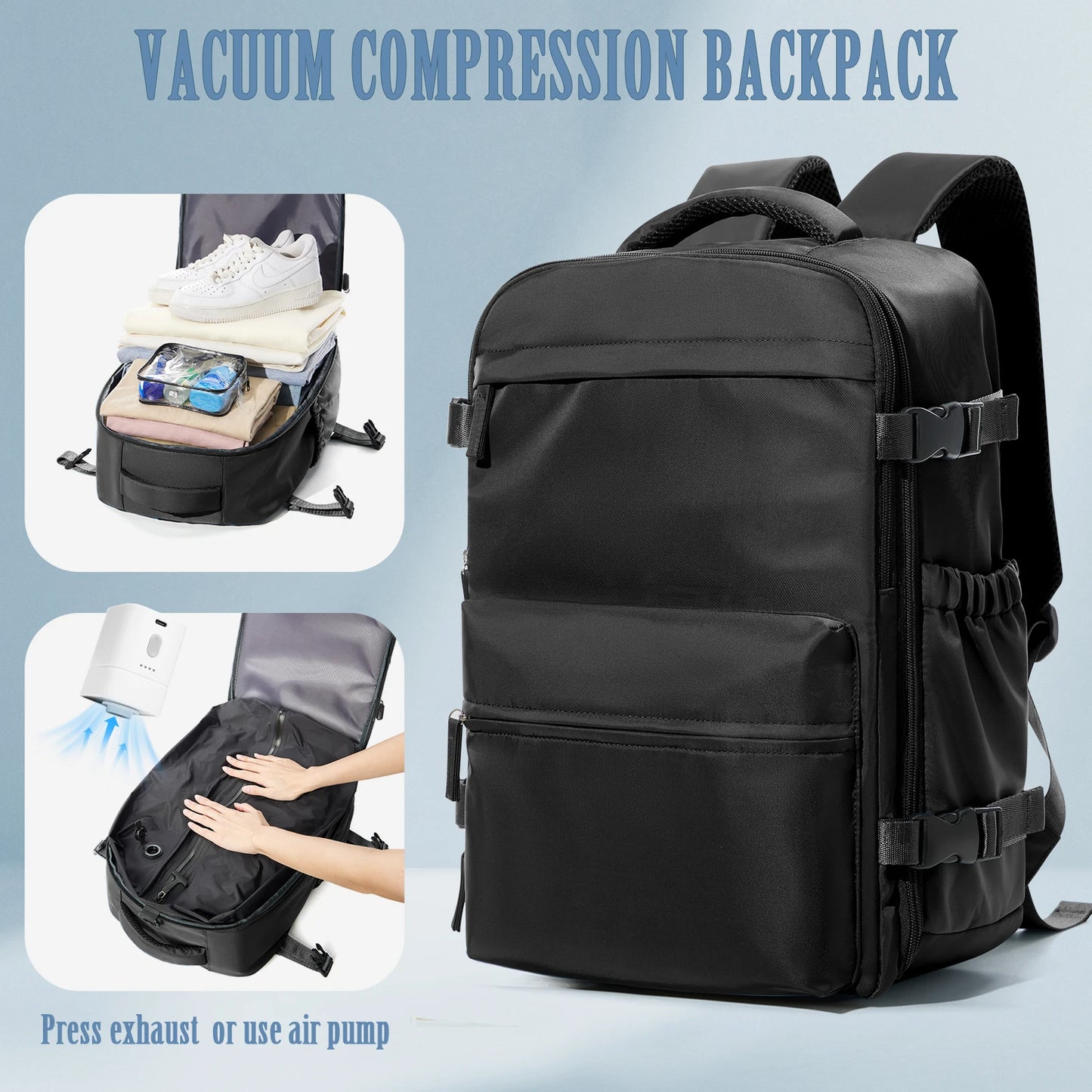 Vacuum Compression Travel Backpack – Expandable Laptop Bag with Space-Saving Design