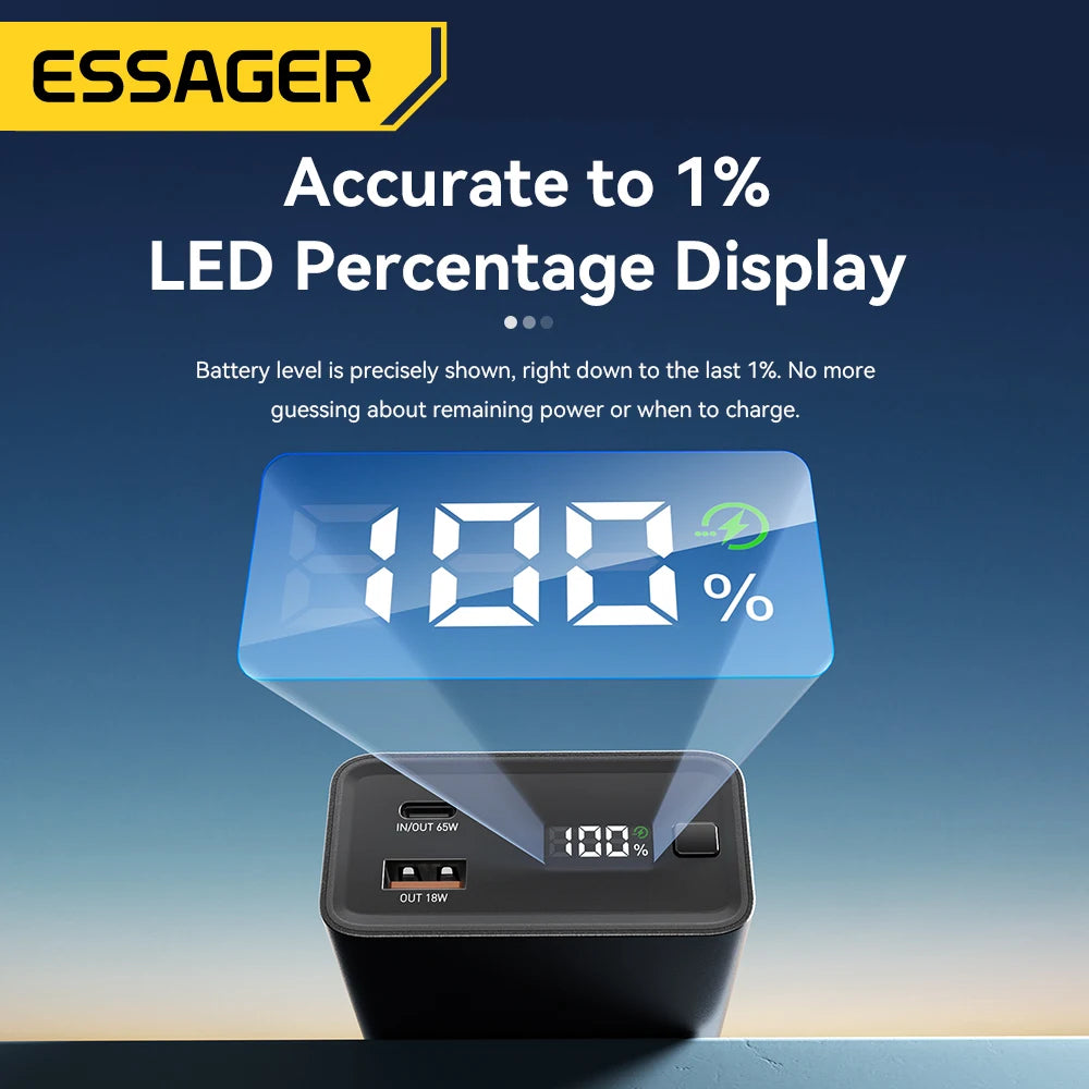 ESSAGER 20000mAh Power Bank – 65W PD Fast Charging, Built-In Cable