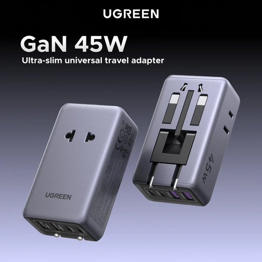 UGREEN Universal Travel Adapter – 45W GaN, 2 USB-C + 2 USB-A + 2 AC Outlets