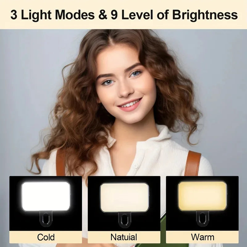 Clip-On Selfie Ring Light – 3 Color Modes, Rechargeable