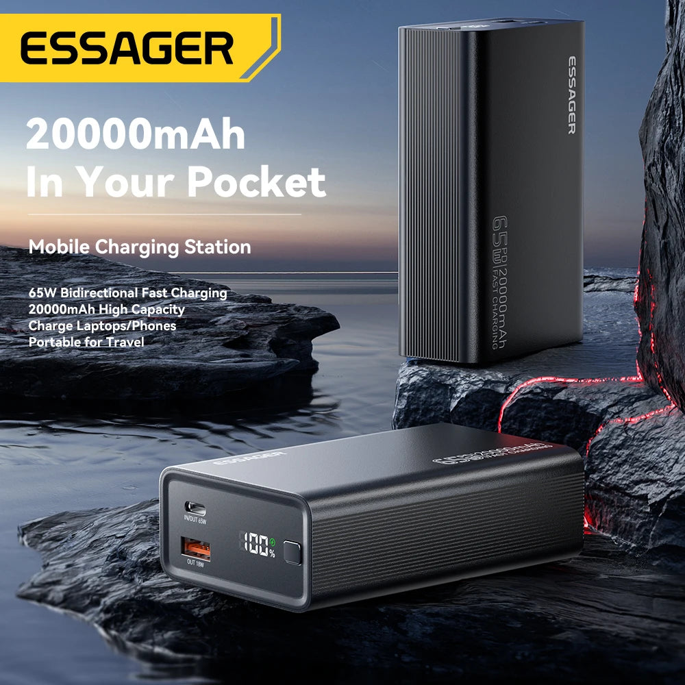ESSAGER 20000mAh Power Bank – 65W PD Fast Charging, Built-In Cable
