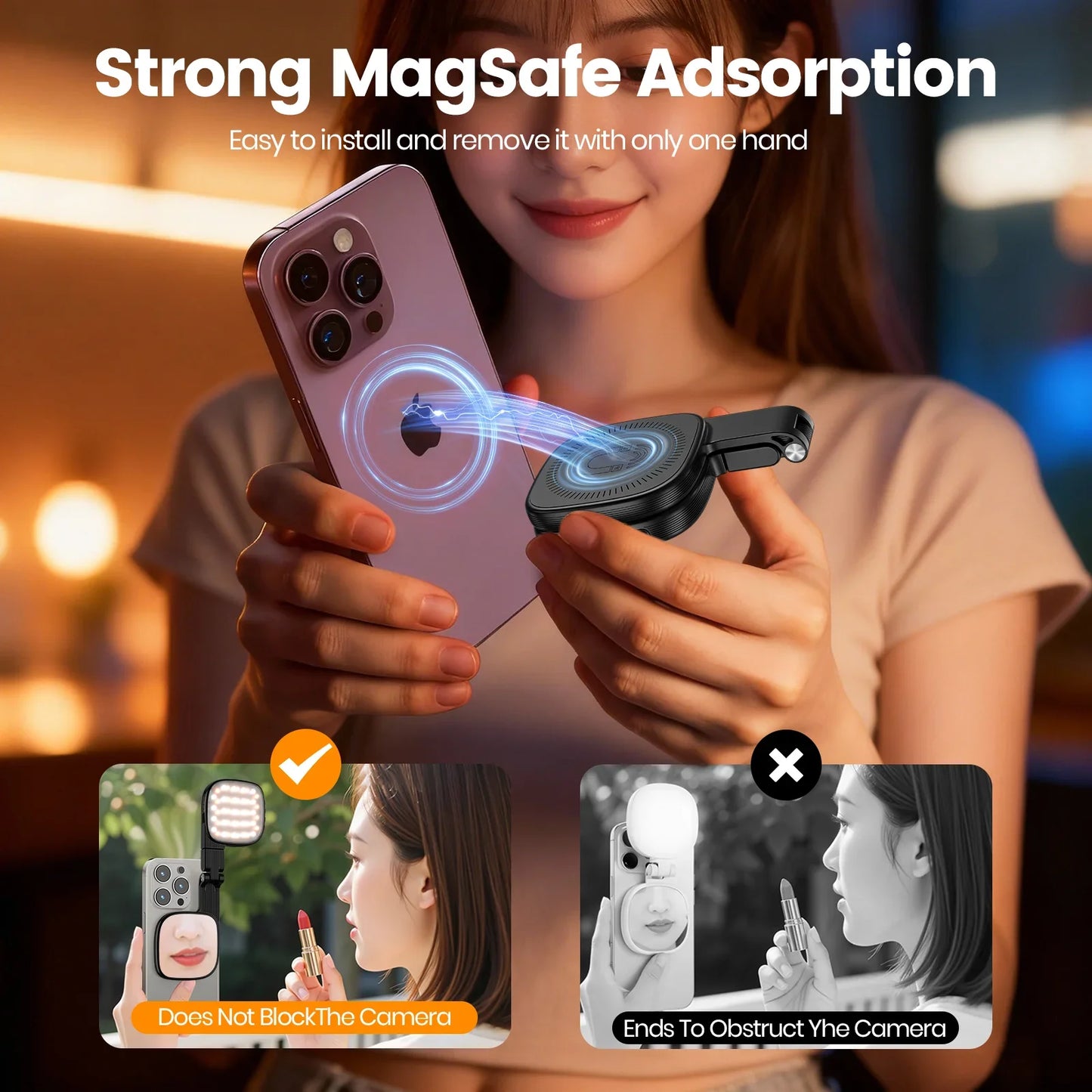 Magnetic LED Selfie Light with Mirror – MagSafe Compatible