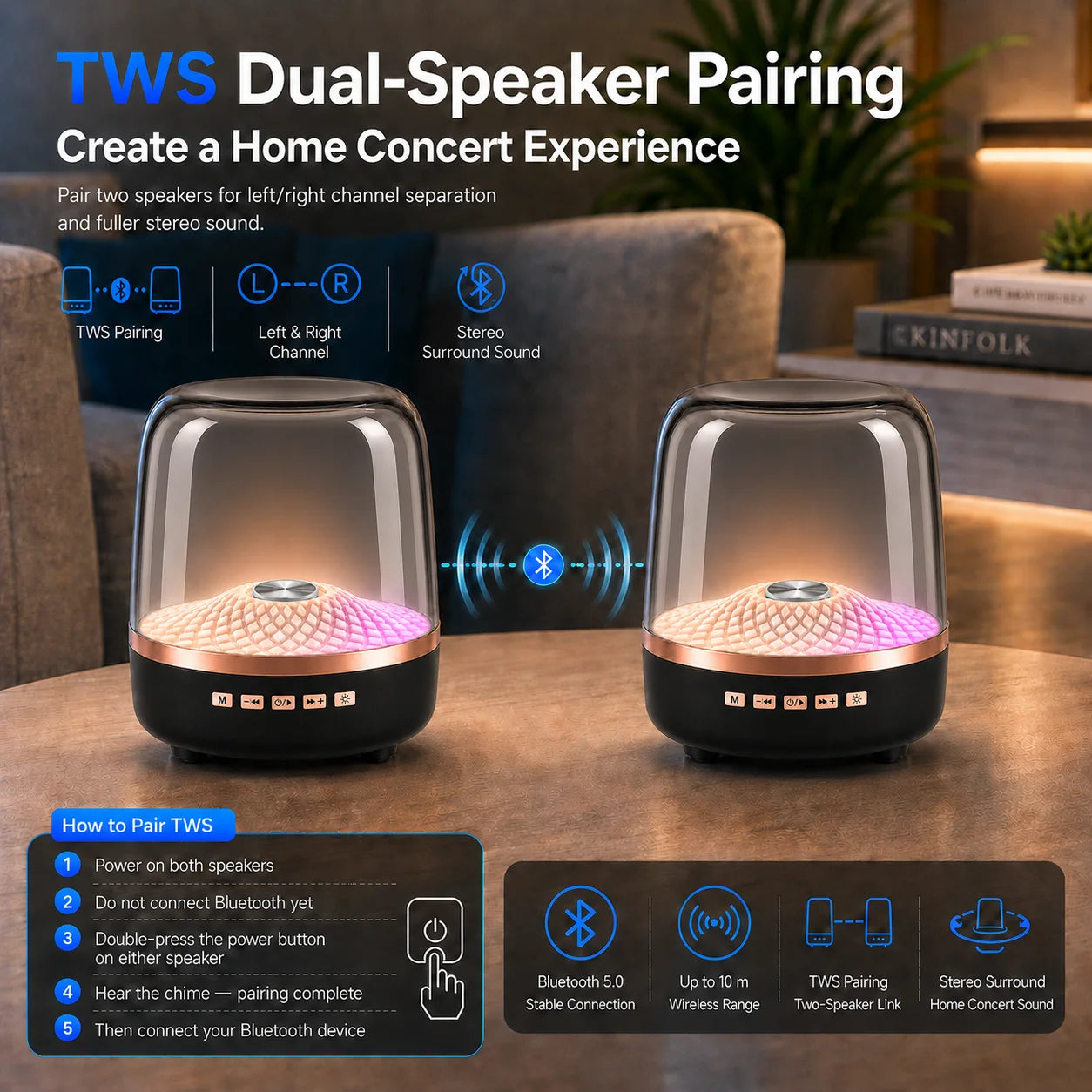 Portable Wireless Soundbar – Bluetooth 5.0 with LED