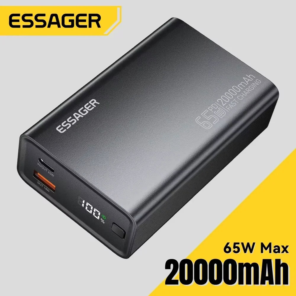 ESSAGER 20000mAh Power Bank – 65W PD Fast Charging, Built-In Cable