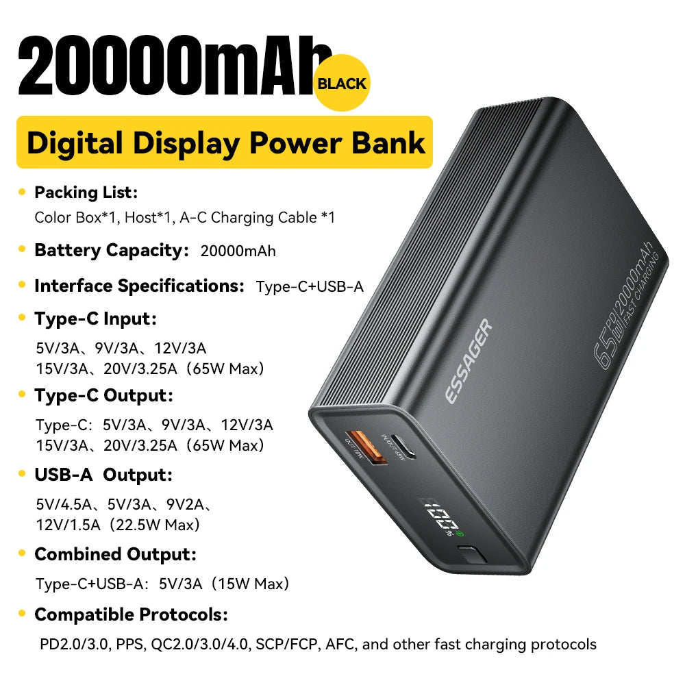 ESSAGER 20000mAh Power Bank – 65W PD Fast Charging, Built-In Cable