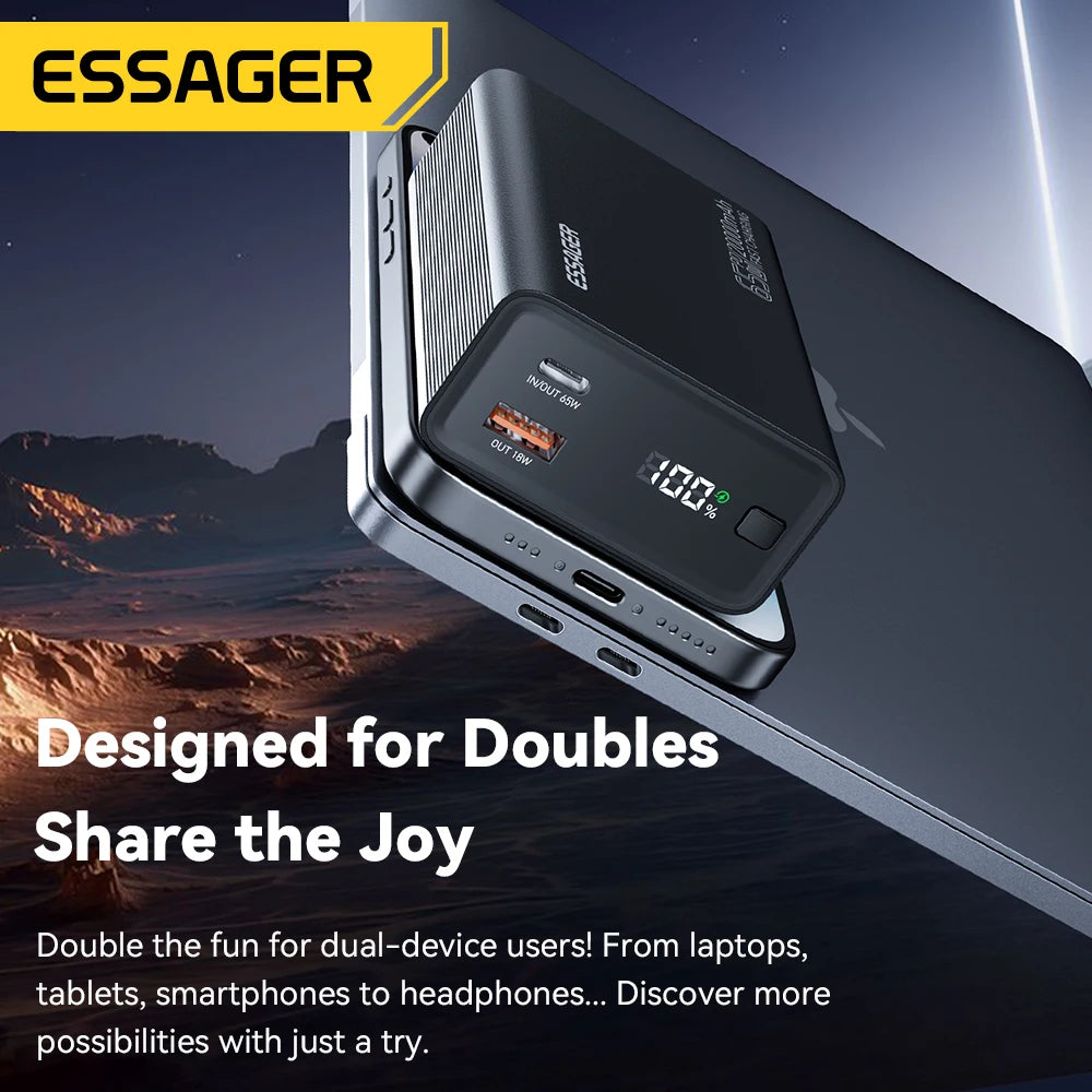 ESSAGER 20000mAh Power Bank – 65W PD Fast Charging, Built-In Cable