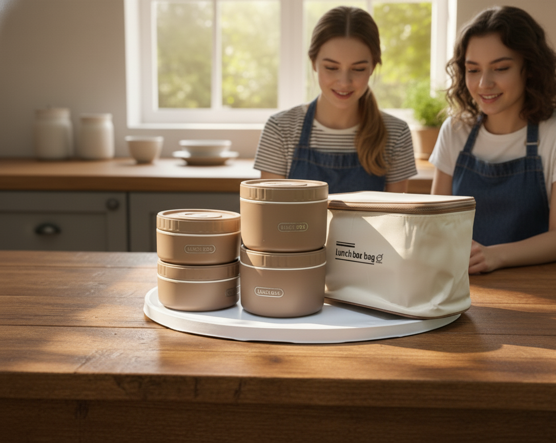 Round Lunch Box Set with Carry Bag
